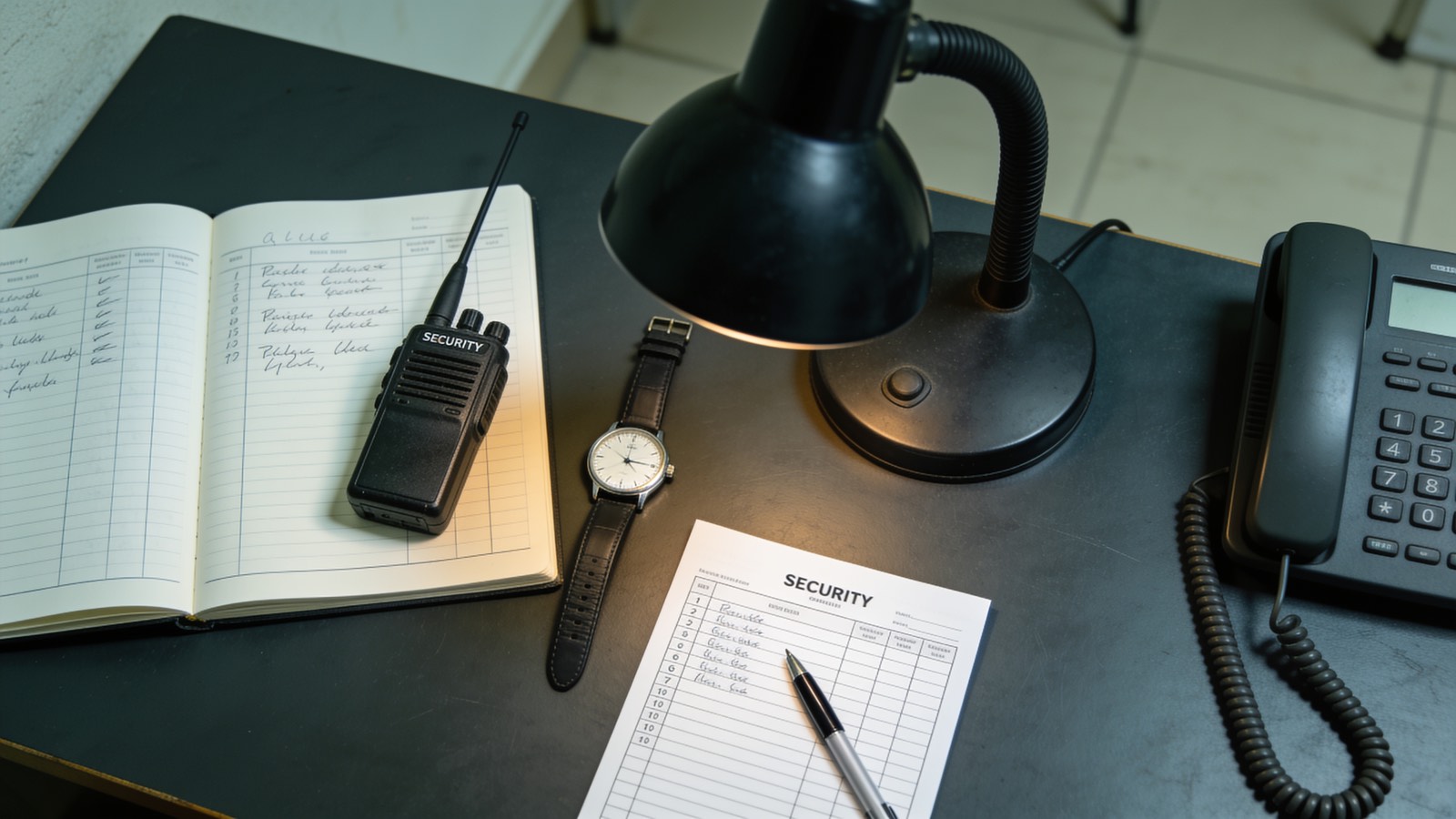 Wachbuch, Funkgerät, Uhr und Checkliste auf einem Tisch